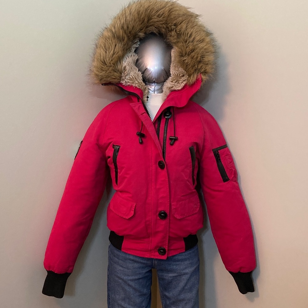 Women’s Pink Bomber Jacket with Faux Fur Hood